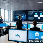 클라우드 보안 전문가로 성장하기 - A high-tech office environment with a diverse team of IT professionals collaborating around multiple...