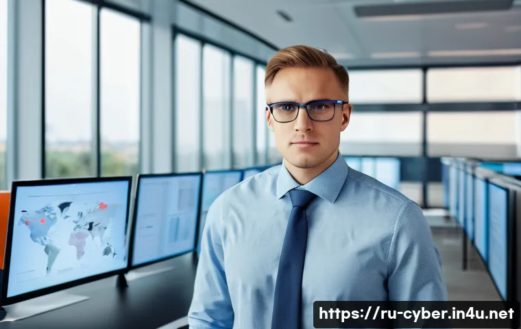 사이버보안 필수 자격증 종류 - A professional cybersecurity manager in a modern office environment, wearing business casual attire ...