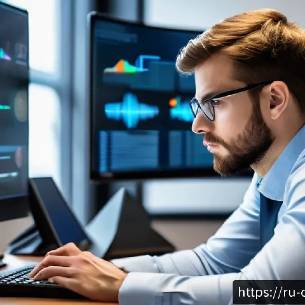 신입 사이버보안 전문가를 위한 조언 - A focused young cybersecurity professional in a modern home office setting, surrounded by multiple c...
