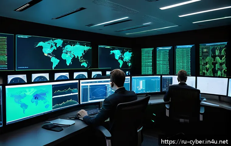 사이버보안 직무의 세분화와 역할 - A modern cybersecurity operations center with a diverse team of professionals actively monitoring mu...